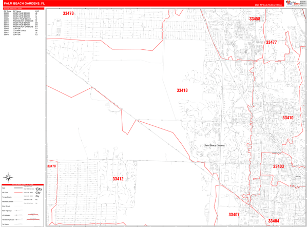 Palm Beach Gardens Florida Zip Code Wall Map (Red Line Style) by ...