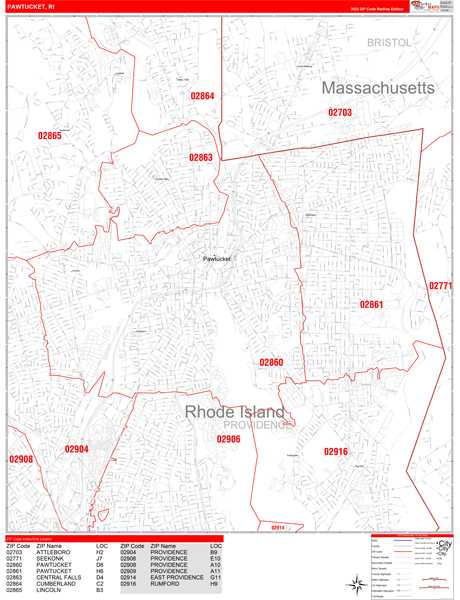 Pawtucket City Wall Map Red Line Style