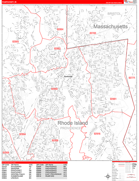 Pawtucket City Wall Map Red Line Style