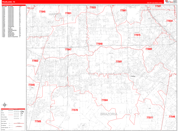 Pearland City Wall Map Red Line Style