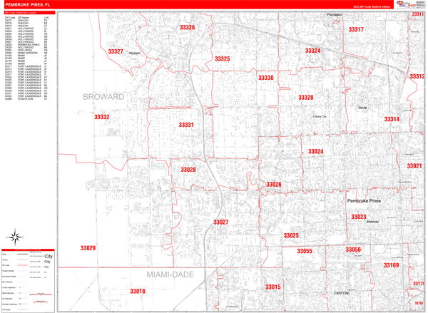 Pembroke Pines, FL Zip Code Wall Map - Red Line