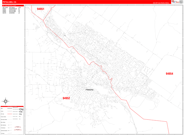 Petaluma City Wall Map Red Line Style