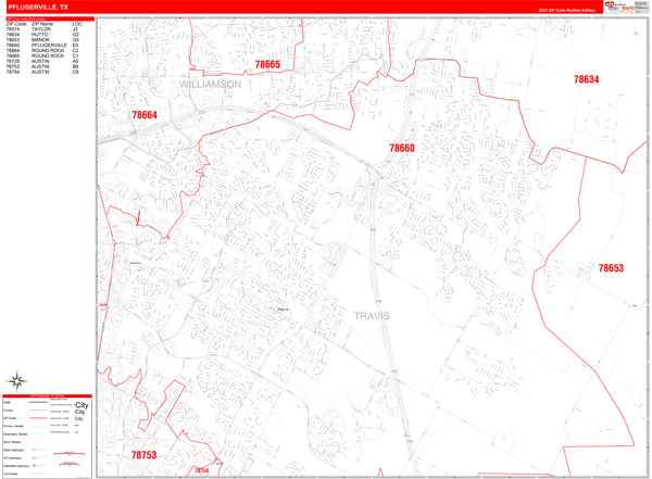 Pflugerville City Wall Map Red Line Style
