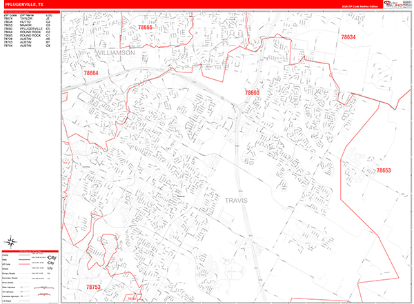 Pflugerville City Wall Map Red Line Style