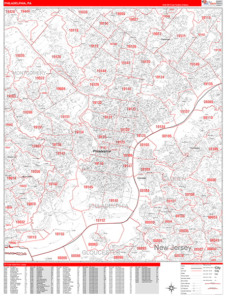 Philadelphia City Wall Map Red Line Style
