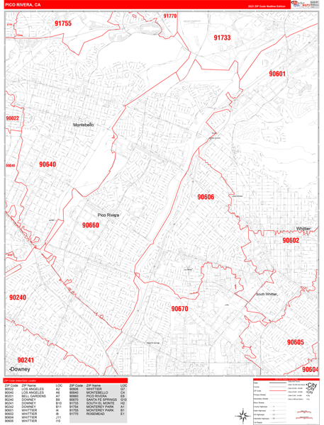 Pico Rivera, CA Zip Code Wall Map - Red Line