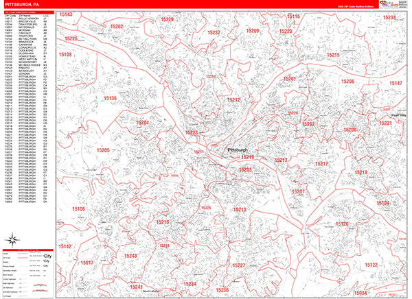 Pittsburgh City Wall Map Red Line Style