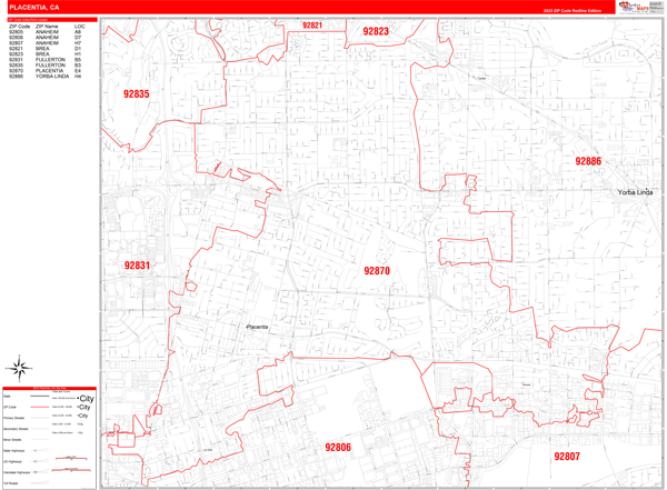 Placentia City Digital Map Red Line Style