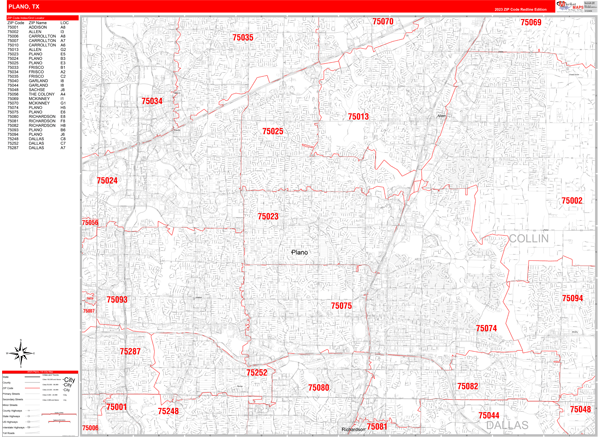 Plano City Wall Map Red Line Style