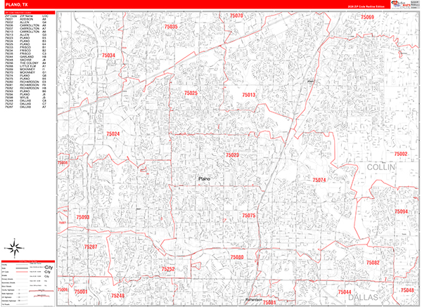 Plano City Wall Map Red Line Style