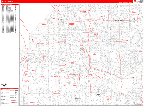Plantation City Wall Map Red Line Style
