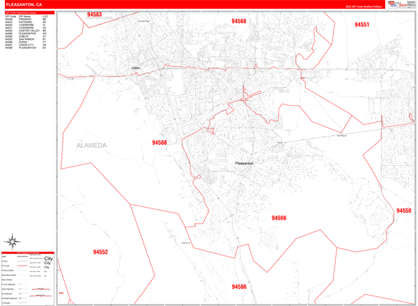 Pleasanton City Wall Map Red Line Style