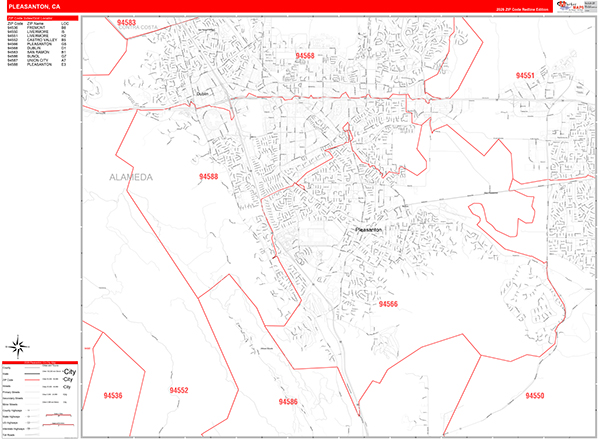 Pleasanton City Wall Map Red Line Style