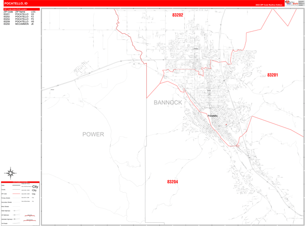 Pocatello City Wall Map Red Line Style