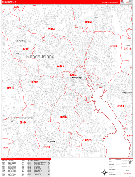 Providence Rhode Island Zip Code Wall Map Red Line Style By 