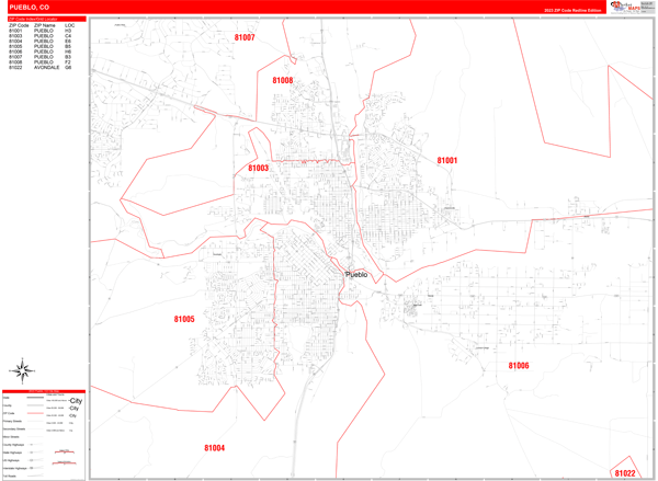 Pueblo City Wall Map Red Line Style