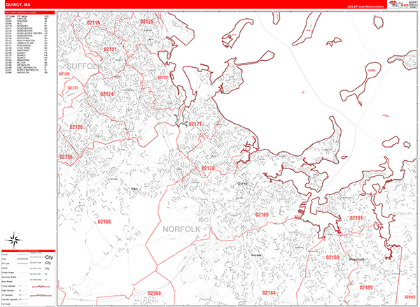 Quincy City Wall Map Red Line Style