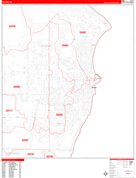 Racine City Wall Map Red Line Style