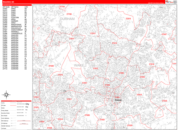 Raleigh City Wall Map Red Line Style