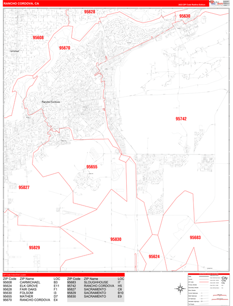 Rancho Cordova, CA Zip Code Wall Map - Red Line