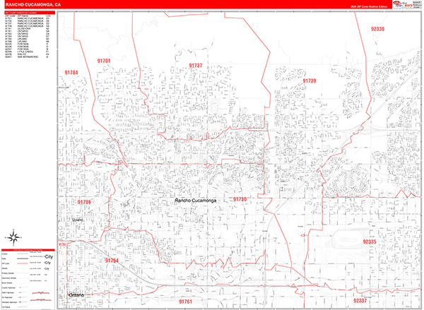 Rancho Cucamonga California Zip Code Wall Map (Red Line Style) by ...