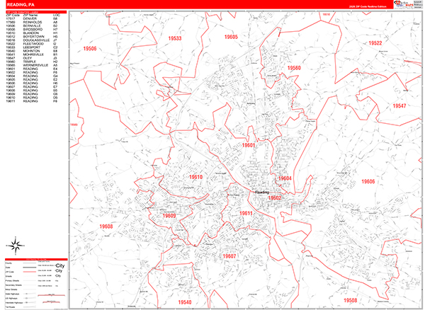 Reading City Wall Map Red Line Style