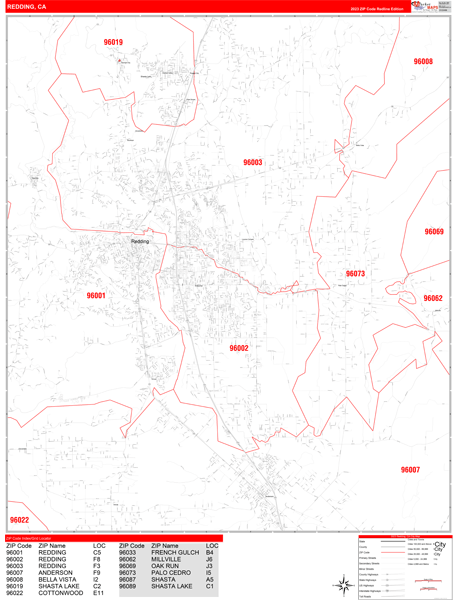 Redding Wall Map Red Line Style