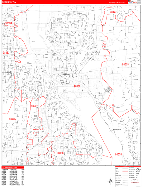 Redmond City Wall Map Red Line Style