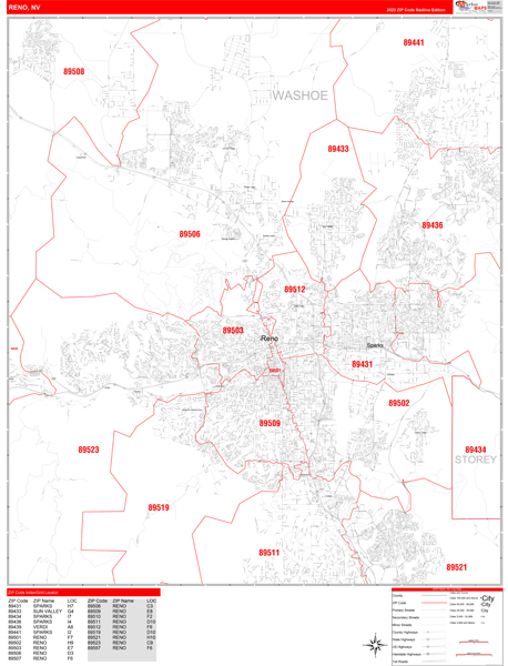 Reno City Wall Map Red Line Style