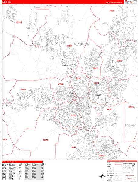Reno City Digital Map Red Line Style