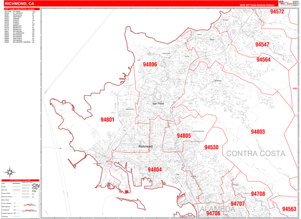 Richmond California Zip Code Wall Map Red Line Style By MarketMAPS 