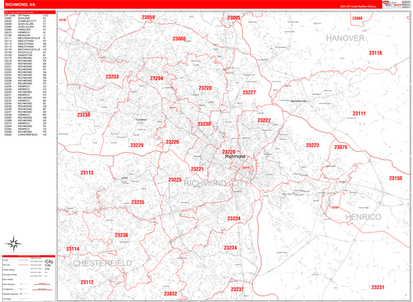 Richmond City Wall Map Red Line Style