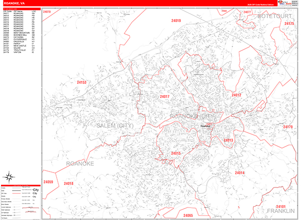 Roanoke Wall Map Red Line Style