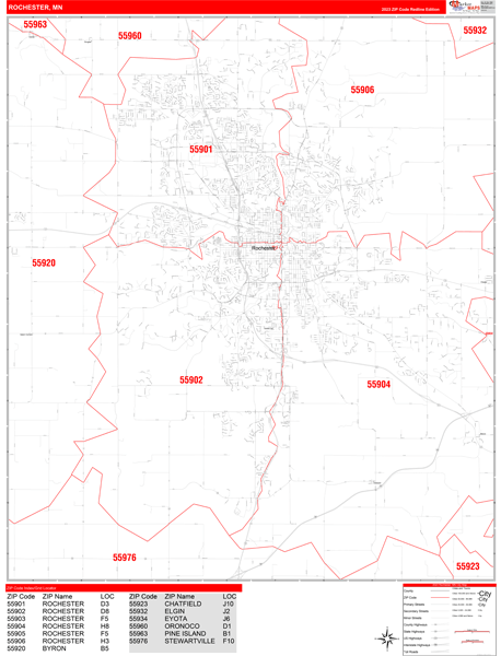 Rochester City Wall Map Red Line Style