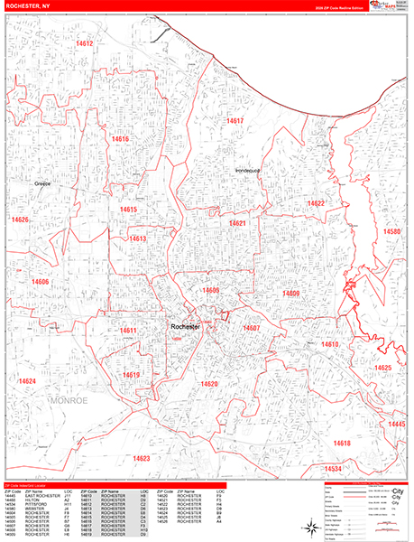 Rochester Wall Map Red Line Style