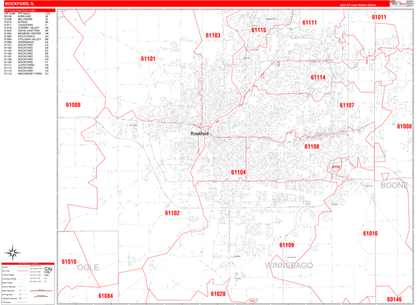 Rockford City Digital Map Red Line Style