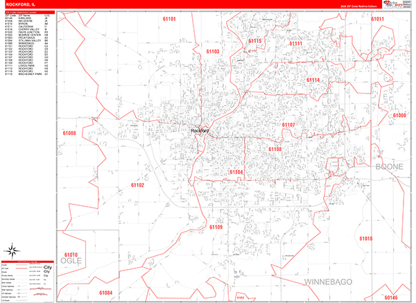 Rockford City Wall Map Red Line Style