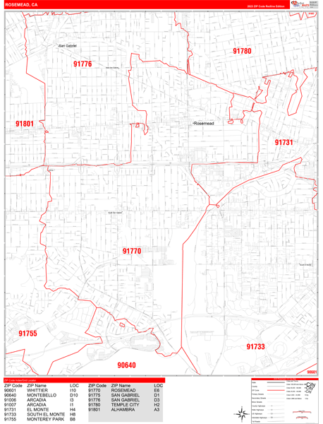 Rosemead City Wall Map Red Line Style