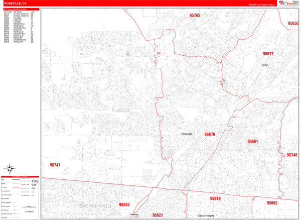 Roseville City Wall Map Red Line Style