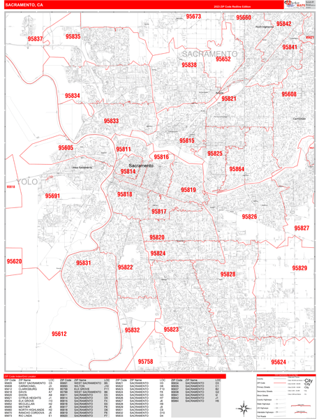 Sacramento City Wall Map Red Line Style