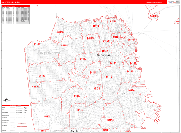 San Francisco California Zip Code Wall Map (Red Line Style) by MarketMAPS