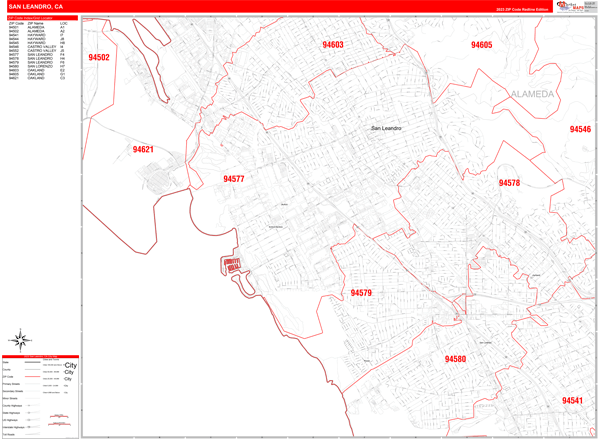 San Leandro, CA Zip Code Wall Map - Red Line