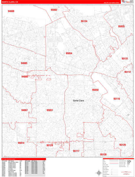 Santa Clara, CA Zip Code Map - Red Line