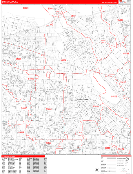 Santa Clara California Zip Code Wall Map (Red Line Style) by MarketMAPS ...