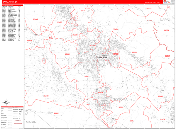 Santa Rosa California Zip Code Wall Map (Red Line Style)