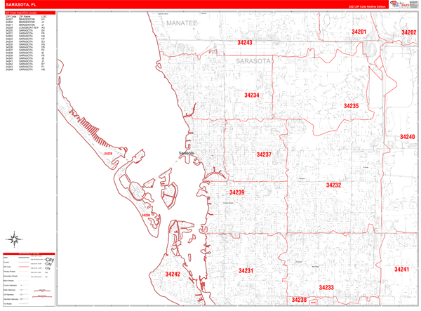 Sarasota City Wall Map Red Line Style