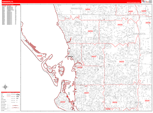 Sarasota City Wall Map Red Line Style
