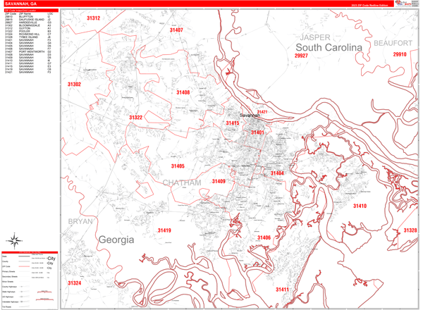 Savannah City Digital Map Red Line Style