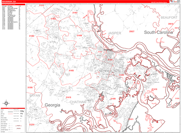 Savannah Wall Map Red Line Style