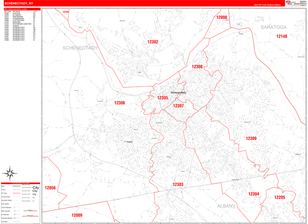 Schenectady City Wall Map Red Line Style